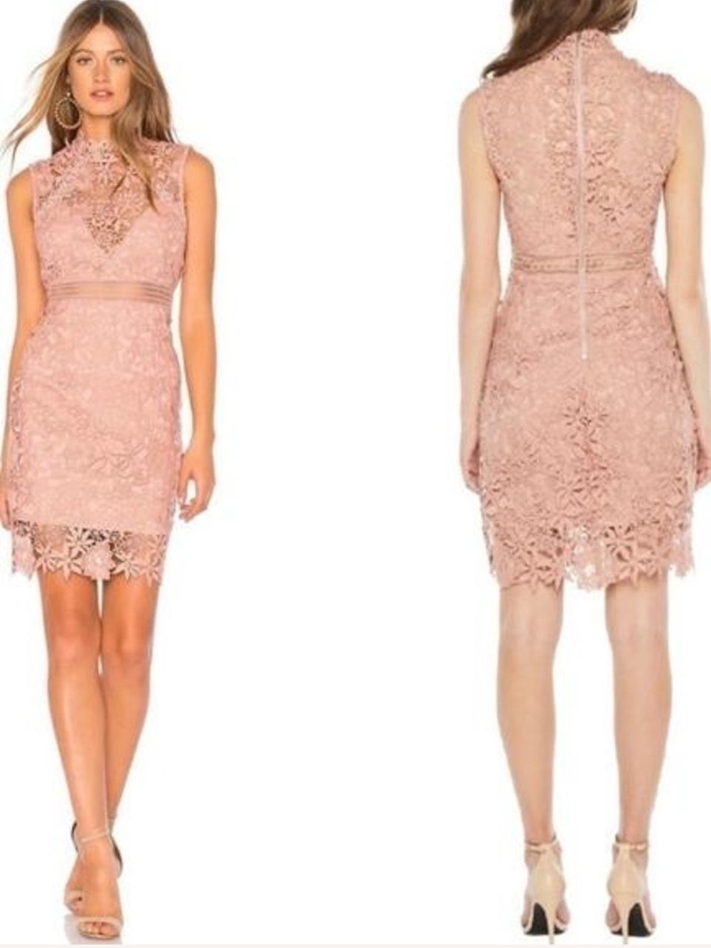 BARDOT PARIS LACE DRESS NWT Pink lace Sheath High Neck Sheer Wedding Guest 4